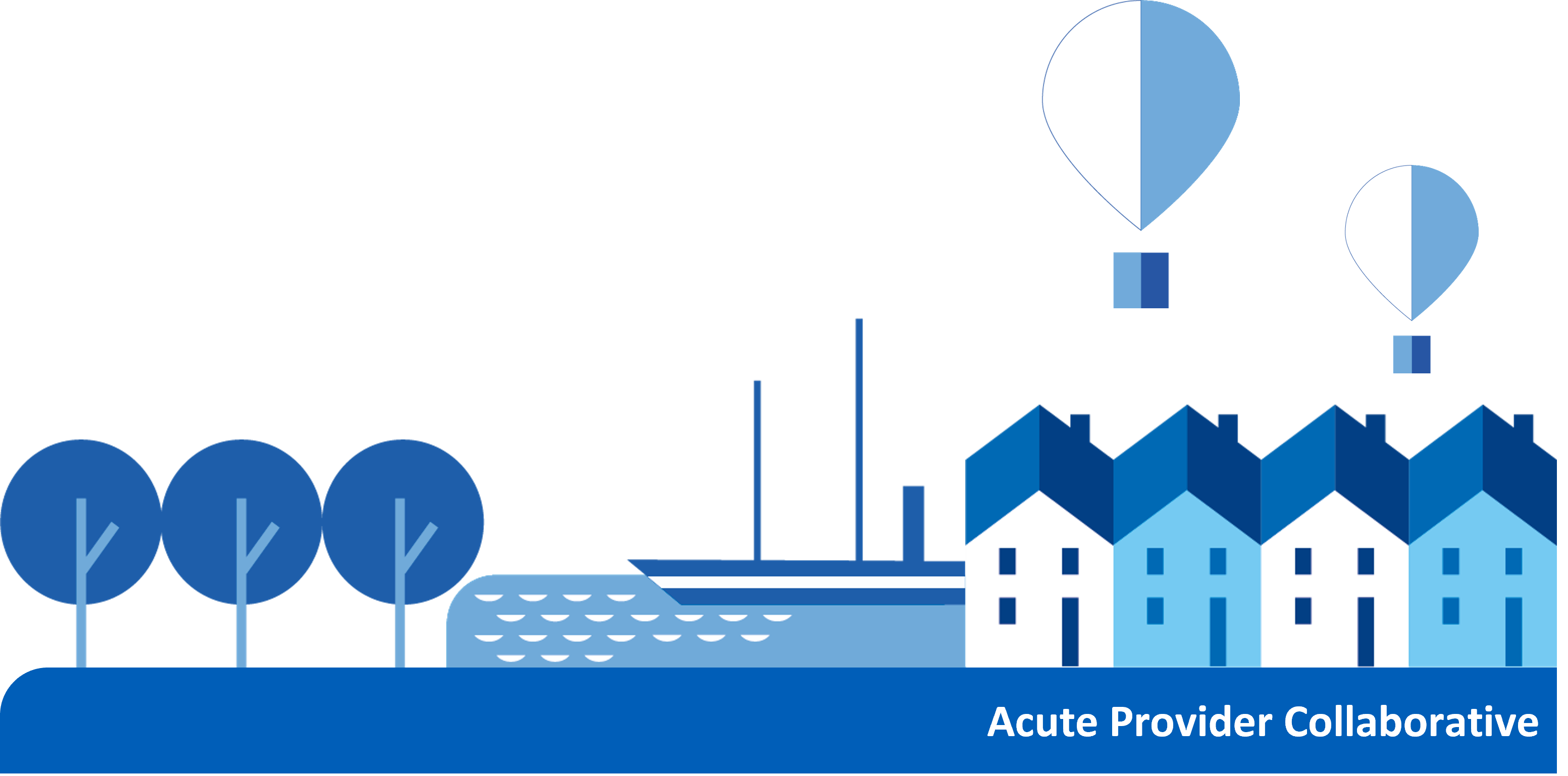 A blue graphic showing houses by the harborside in Bristol with trees and hot air balloons. A blue footer reads 'Acute Provider Collaborative'.