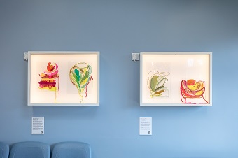 Photo of Two light boxes by artist Rebecka Fleetwood-Smith. Both lightboxes have two abstract red and green shapes.