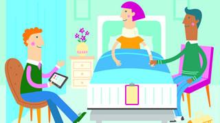Cartoon image of a patient in bed with 2 visitors