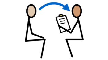 AAC assessment AAC icons of two people sitting opposite each other doing an AAC assessment