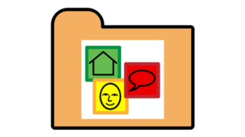 AAC resources AAC icon of brown file and 3 example icons: house, speech, face