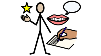 Training for professionals AAC icon of stick figure with star in hand, mouth with speech bubble, hand writing on piece of paper