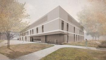 An artist's impression drawing of a building - the Elective Centre - with trees in the foreground