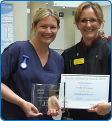 Kirsty Steventon receives her award from Director of Nursing Sue Jones at Nurses Day 2016 awards Kirsty Steventon receives her award from Director of Nursing Sue Jones at Nurses Day 2016 awards
