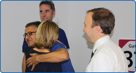Secretary of State's sister hugs Consultant Jasmeet Soar during visit to the Southmead Hospital ICU Secretary of State's sister hugs Consultant Jasmeet Soar during visit to the Southmead Hospital ICU