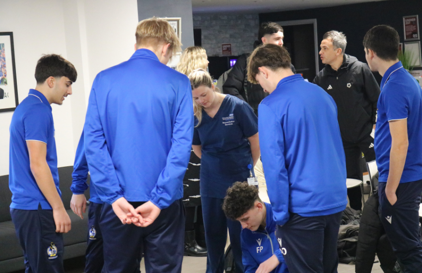 Bristol Rovers Community Trust college students with Bristol NHS Group Resuscitation Practitioners at the Memorial Stadium. Image by Bristol Rovers Community Trust
