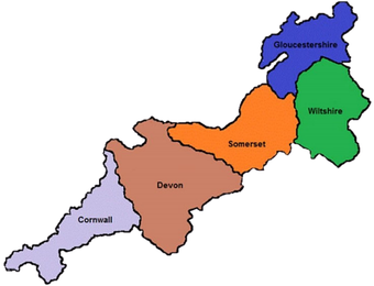 Basic line map of the South West of England