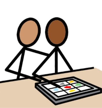 Stick figures sitting at table using AAC device
