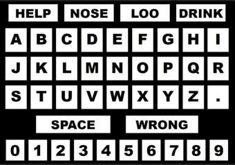 AAC keyboard black background, white tiles, black bold text 