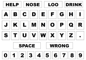 AAC users grid of letters, white background and bold black text