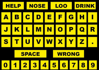 AAC users grid of letters and words with yellow tiles and black bold text