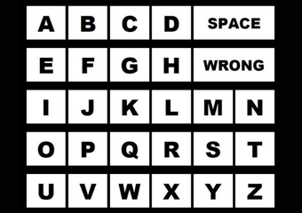 AAC users grid of letters white tiles, black bold text