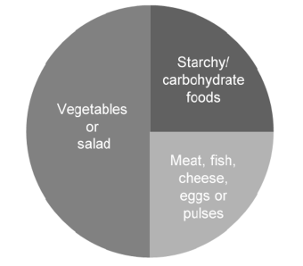 circle split in half saying vegetables or salad, remaining quarters saying starchy carbohydrate foods, and meat fish cheese eggs or pulses