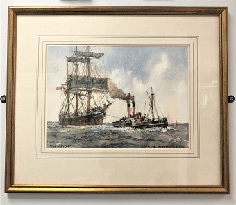 A framed painting of a tall ship and smaller steam boat at sea
