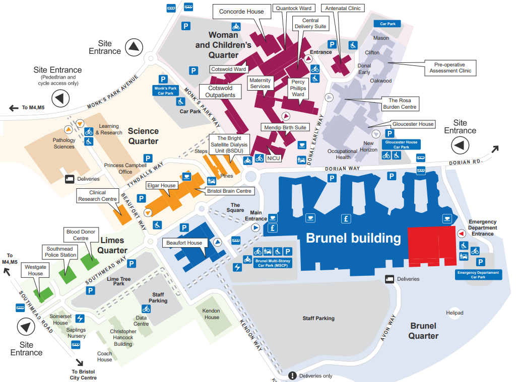 Map of the Southmead Hospital site showing the roads and different buildings and parking areas