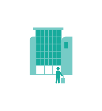 Icon of a person standing outside the Brunel building with a suitcase