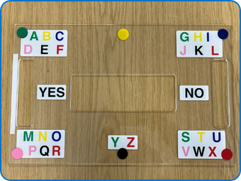 Plastic clear rectangle with letters in bright colours in each corner, yes and no on each side