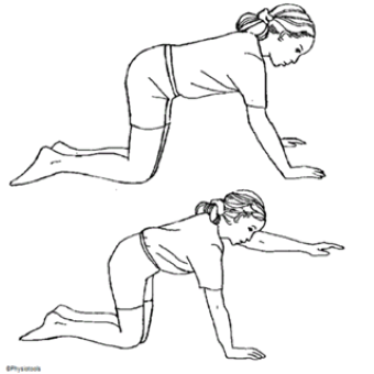 Person kneeling on floor resting forward on hand with other arm raised in front