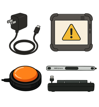 AAC hardware including charger, screen, switch, and eyegaze