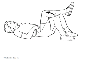 Person lying flat on back, one leg bent at knee with foot on floor, one leg raised 