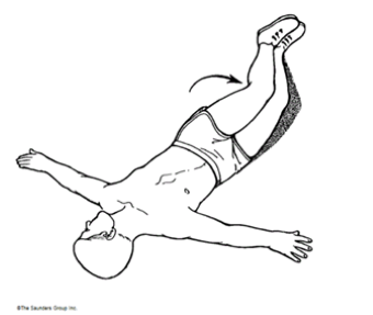Person lying on back with arms outstretched, legs together with knees bent and turned to the right