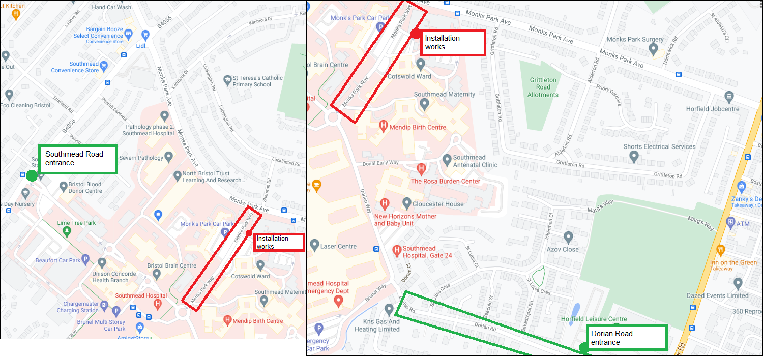 Map depicting Monk's Park Way works and alternate entrances