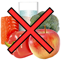 An apple, red pepper, salmon, glass of water, and broccoli with a red cross over the top of the food and drink