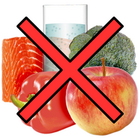 Image of food and drink and a red cross An apple, red pepper, salmon, glass of water, and broccoli with a red cross over the top of the food and drink