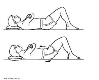 Line drawing of person lying on back with knees bent and arms folded, arrows indicating tilting pelvis