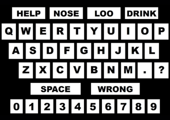 AAC users grid of letters and word black background, white tiles, black bold text
