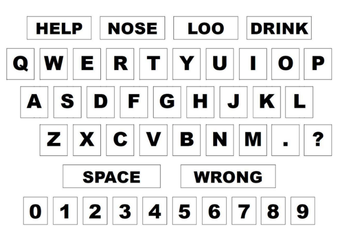 AAC users grid of letters and words, white background, black bold text