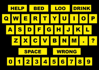 AAC users grid of letters and words, yellow tiles and bold black letters