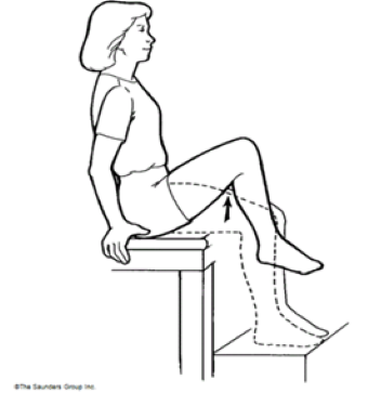 Person sitting on chair with arms on foot on the floor and one leg lifted with knee bent