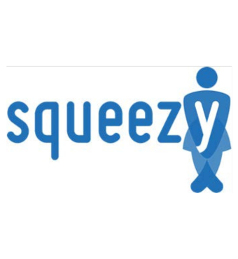 Squeezy written in blue lowercase letters with an icon of a female crossing her legs and hands tightening her pelvic floor muscles