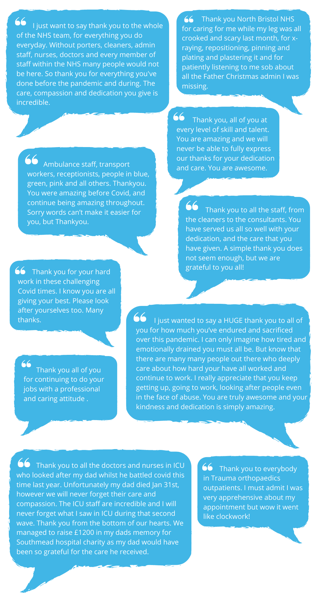 A selection of thank you messages from the public and patients in speech bubbles.