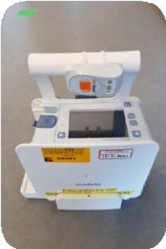 Thopaz machine (electronic chest drain device) which has white casing and a black screen on the top of the device.