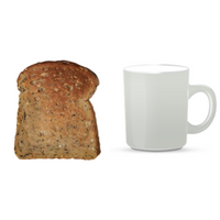 Image of toast and mug A piece of brown toast and a white mug