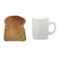 A piece of brown toast and a white mug