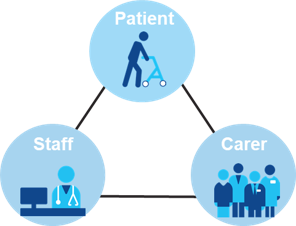 Three blue bubbles at each point of a triangle. Each bubble has an icon and heading and represents the three elements - patient, staff, and carer.