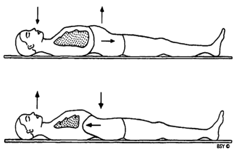 Line drawing of person lying on floor with arrows indicating breathing in and out 