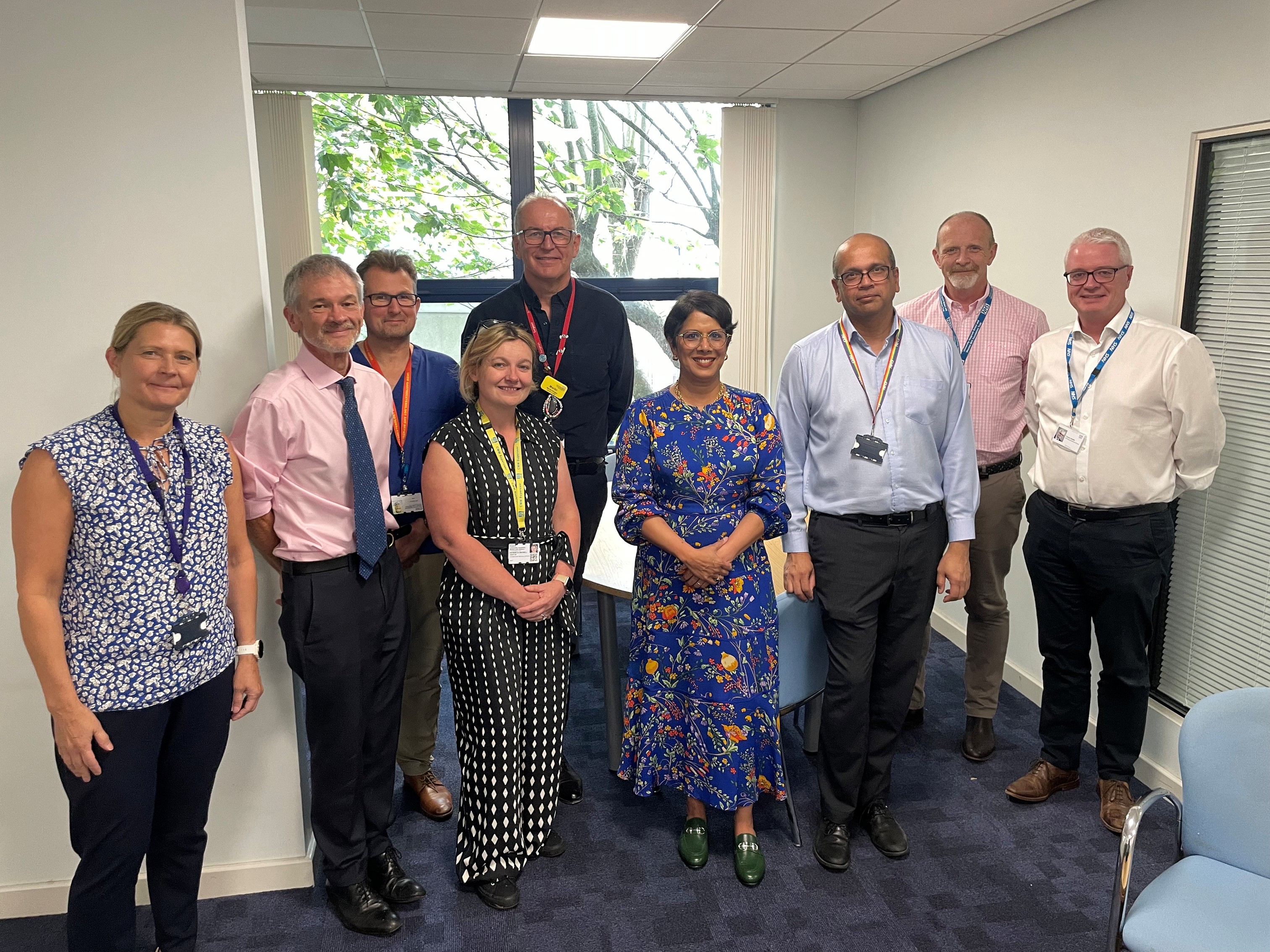 Group of colleagues with visitors Professor Meghana Pandit and Dr Trevor Smith visiting UHBW Group of colleagues with visitors Professor Meghana Pandit and Dr Trevor Smith visiting UHBW