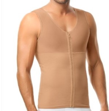 A beige coloured firm control vest with a zip for compressing the chest after surgery