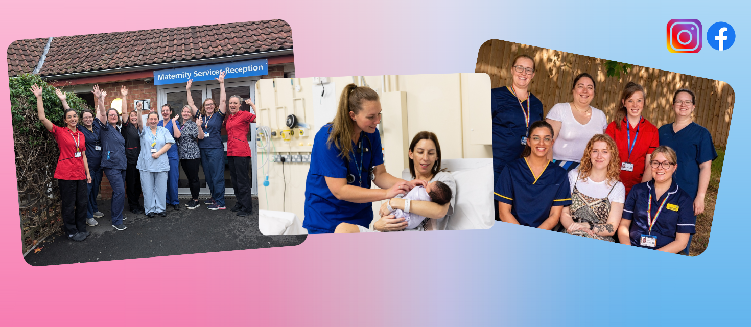 Collage of Maternity photos including team outside reception, clinician caring for baby and mother, and team photo outside in front of fence
