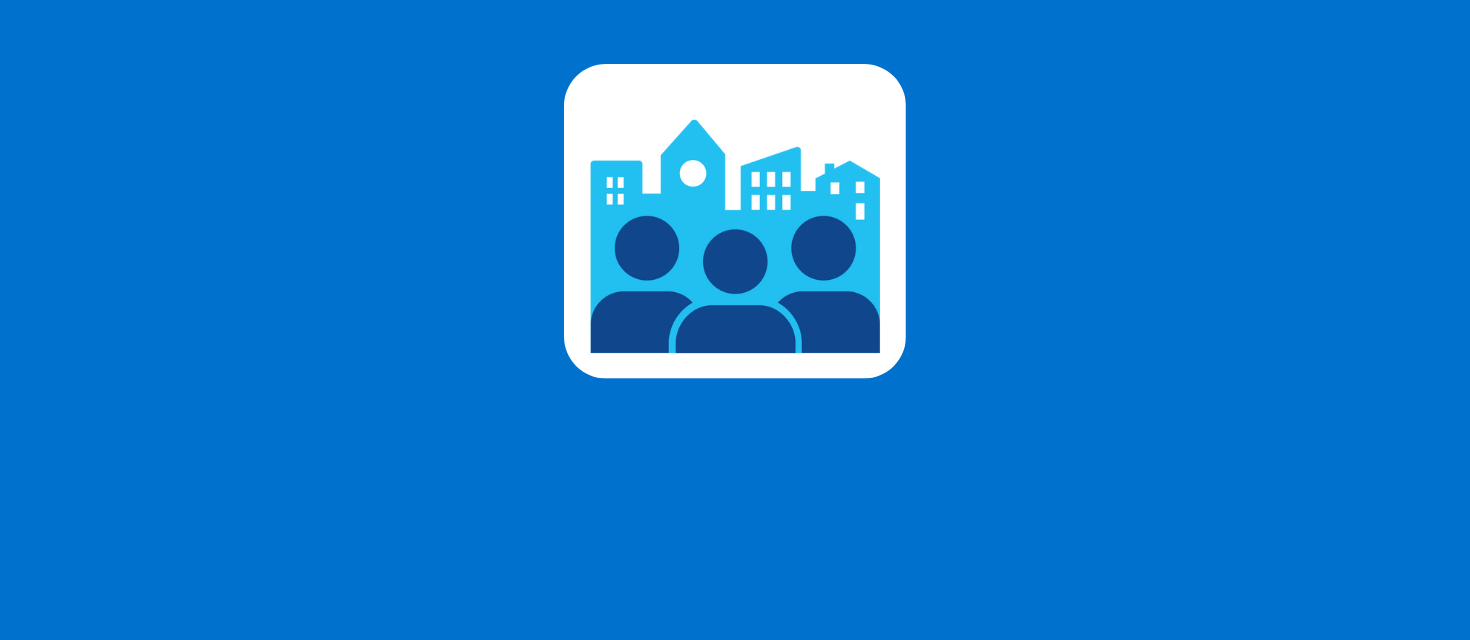 A blue graphic with a white square in the centre and a simple illustration of three people grouped together in dark blue. Behind them is a light blue cityscape.