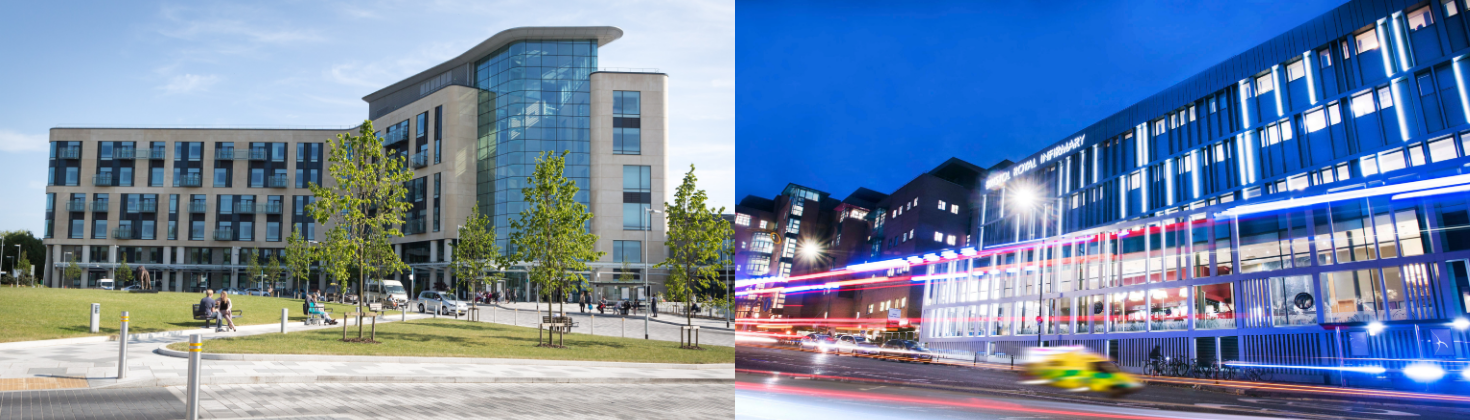 Photos of the Brunel building at Southmead Hospital and the Bristol Royal Infirmary side by side. 