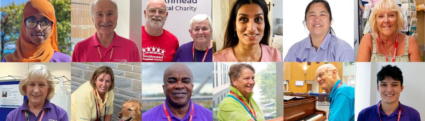 six volunteer stood in a row wearing blue, green, pink, purple, and pale purple to represent each volunteer role