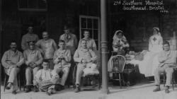 Black and white photo of Patients outside the 2nd Southern Hospital, Southmead.