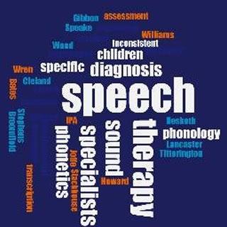 Graphic with many words at different angles on it, including speech, therapy, sound