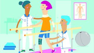 cartoon image of 2 medical personnel helping a person on a supported walking device