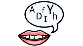 AAC icons of mouth and speech bubble with random letters in it